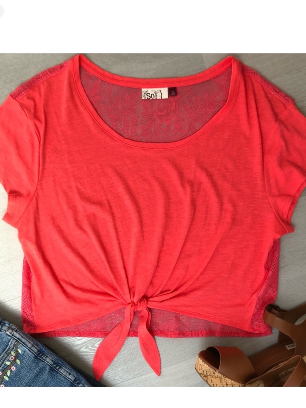 SO Sheer Floral Back Boho Bright Coral Crop Festival Top Size XL